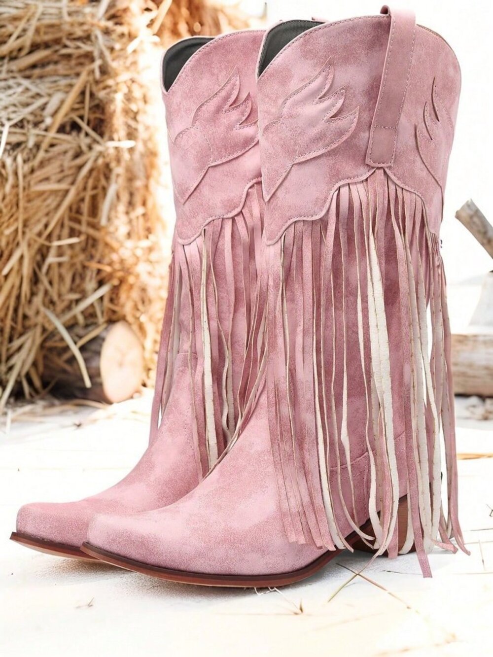 Pink Western Women's fringed detailed faux suede Cowboy Boots - Picture 2 of 9